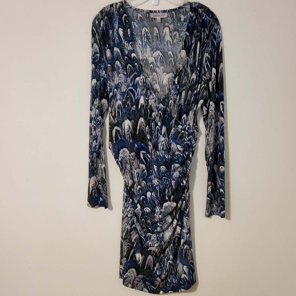 Jennifer Lopez Blue and White Long Sleeve Ruched Faux Wrap Midi Dress